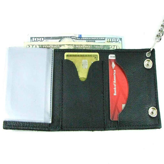 Wholesale Black & Grey American Flag Trifold Leather Wallets with Chain - High Quality (Sold by the piece)