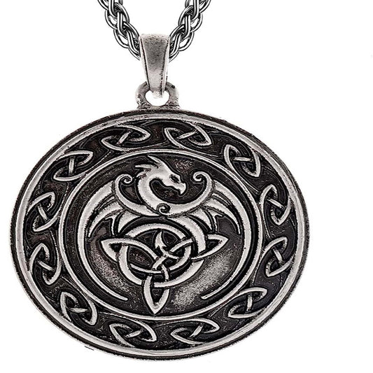 Celtic Flying Dragon Emblem Necklace 24" Braided Cord with Silver Metal Pendant