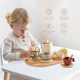 D2407TA Wooden Children Montessori Toy Teapot Teacup Simulation Kitchen Utensil BPA Free Silicone Kid Education Pretend Play Toy Gift