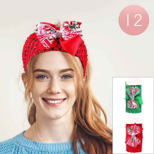 Christmas Charm Collection Bow Accented Headbands (Sold by the Dozen=$23.99)