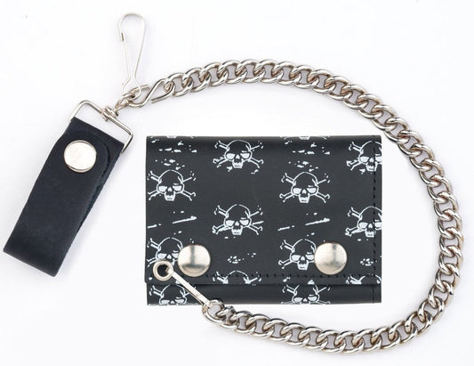 Wholesale MULTI SKULL AND CROSS BONES  TRIFOLD LEATHER WALLETS WITH CHAIN (Sold by the piece)
