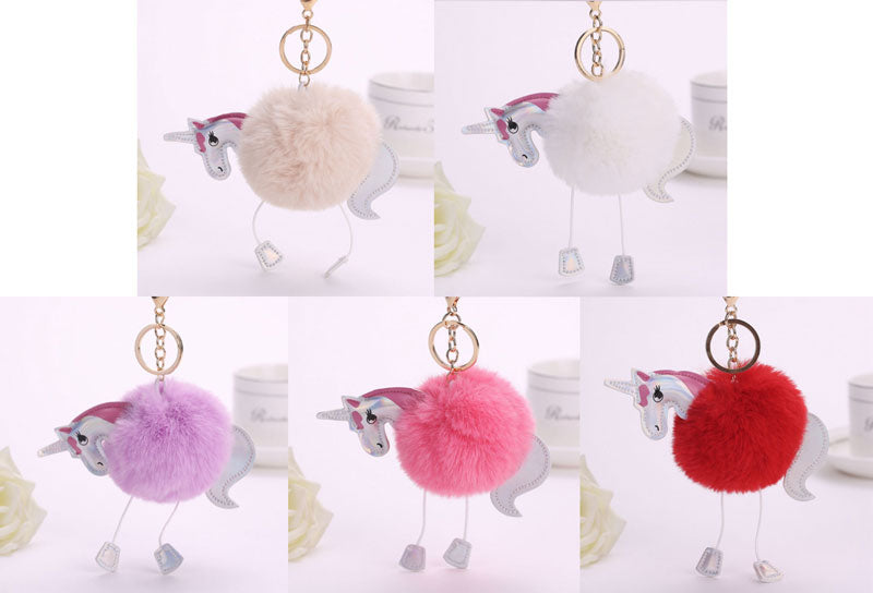 Cute Unicorn Pom Pom Fuzzy Keychains Wholesale MOQ 12