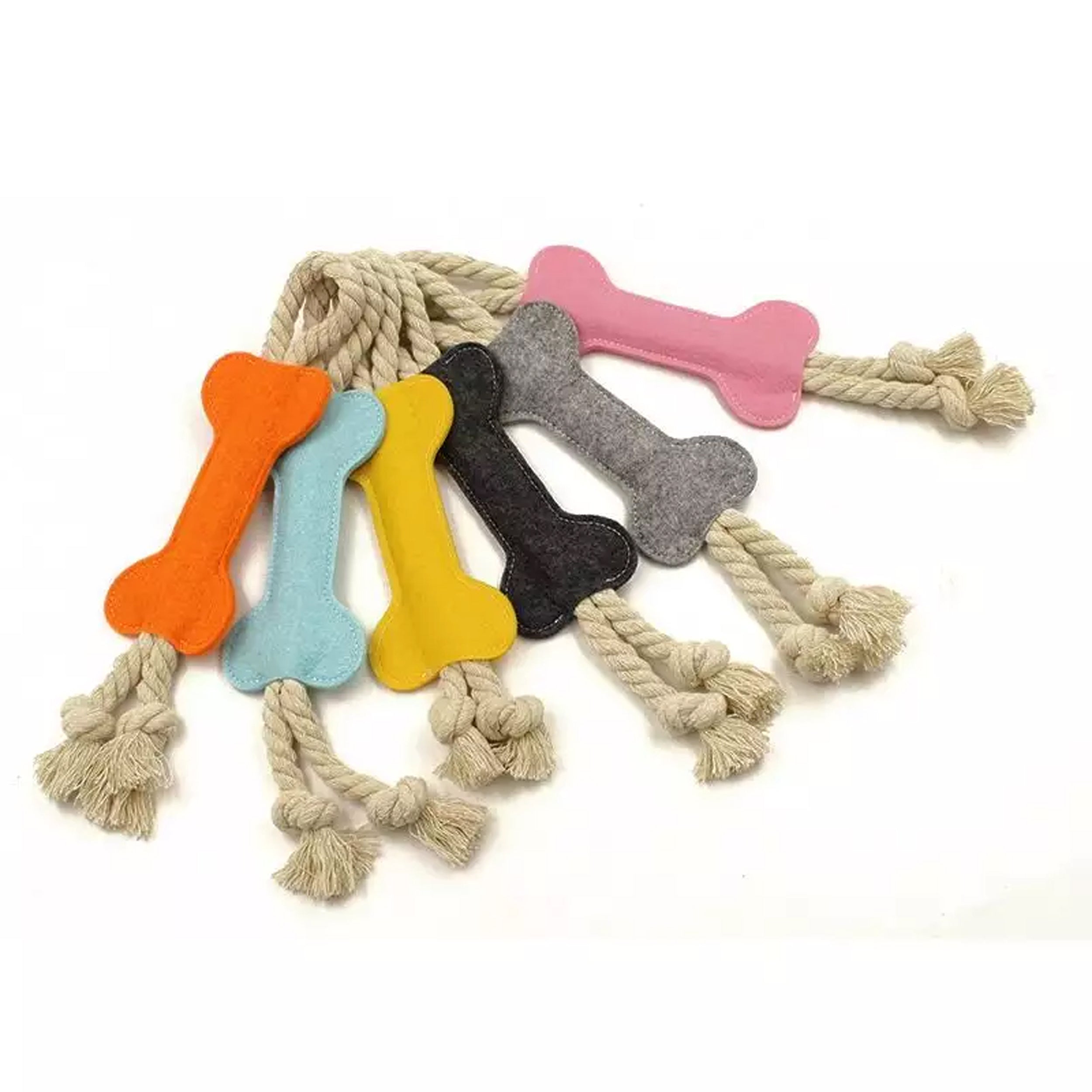 felt bone shape dog chew toy with rope