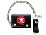 Wholesale RED CROSS SKULL X BONES TRIFOLD LEATHER WALLETS WITH CHAIN (Sold by the piece)