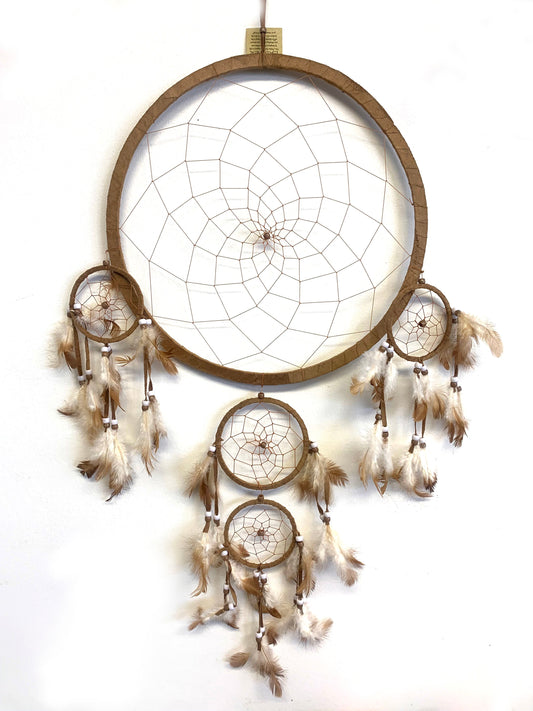 Large 15" Wide &  33" Long Tan Dreamcatcher - Real Feathers and Beads