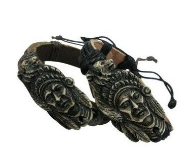 Wholesale CARVED NATIVE MAN WITH WOLF  LEATHER BRACELET (Sold by the PIECE OR dozen)