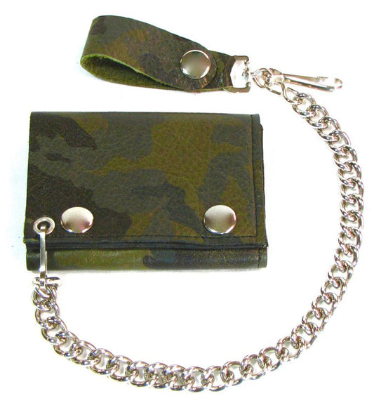 Wholesale GREEN CAMO CAMOUFLAGE TRIFOLD LEATHER WALLETS WITH CHAIN (Sold by the piece)