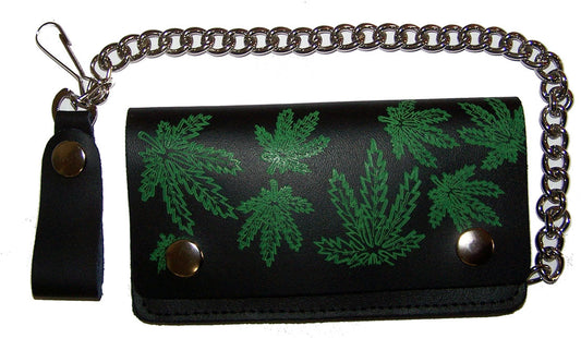 Wholesale MULTIPLE POT LEAVES MARIJUANA  6 INCH BIKER / TRUCKER LEATHER WALLET WITH CHAIN (Sold by the piece)