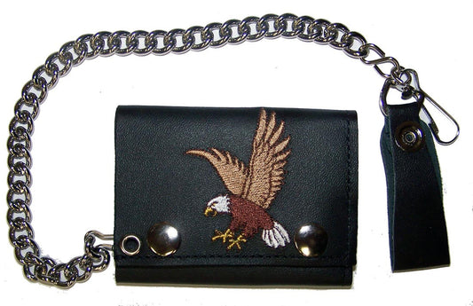 Wholesale EMBROIDERED FLYING EAGLE TRIFOLD LEATHER WALLET WITH CHAIN (Sold by the piece)