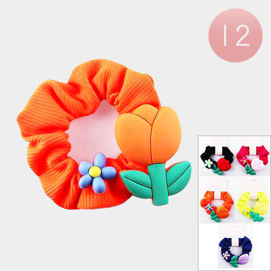 Wholesale Tulip Flower Accented Scrunchies Hair Bands (Sold by DZ)