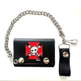 Red Cross Skull X Bones Trifold Leather Wallets with Chain