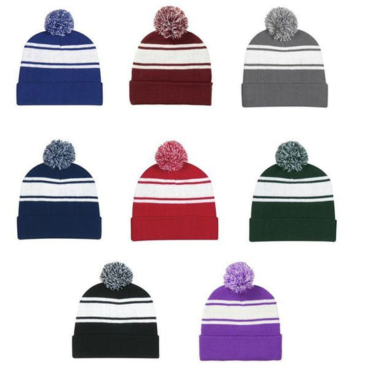 Two-Tone Knit Pom Beanie with Cuff In Bulk- Assorted