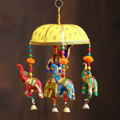Multicolor Handcrafted Decorative Five Elephant Wall & Home Décor Hanging & Ringing Bell For Home Décor