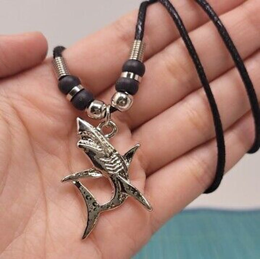 Wholesale Silver-Tone Shark Necklace with Rope Pendant | Silver on Black Beaded Necklace  ( sold by the piece or dozen )