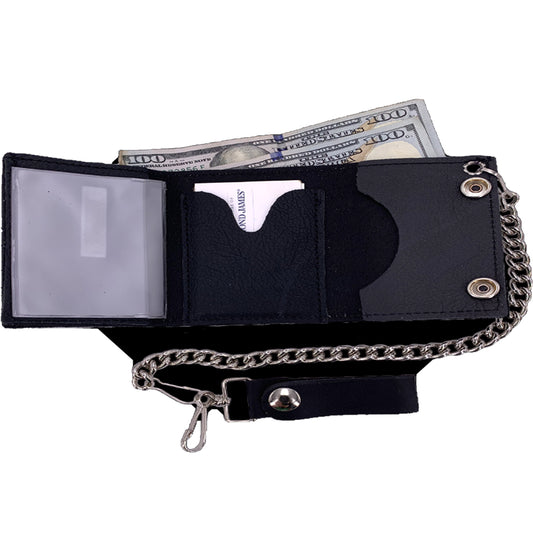 High-Quality Trifold Leather Wallet with Chain