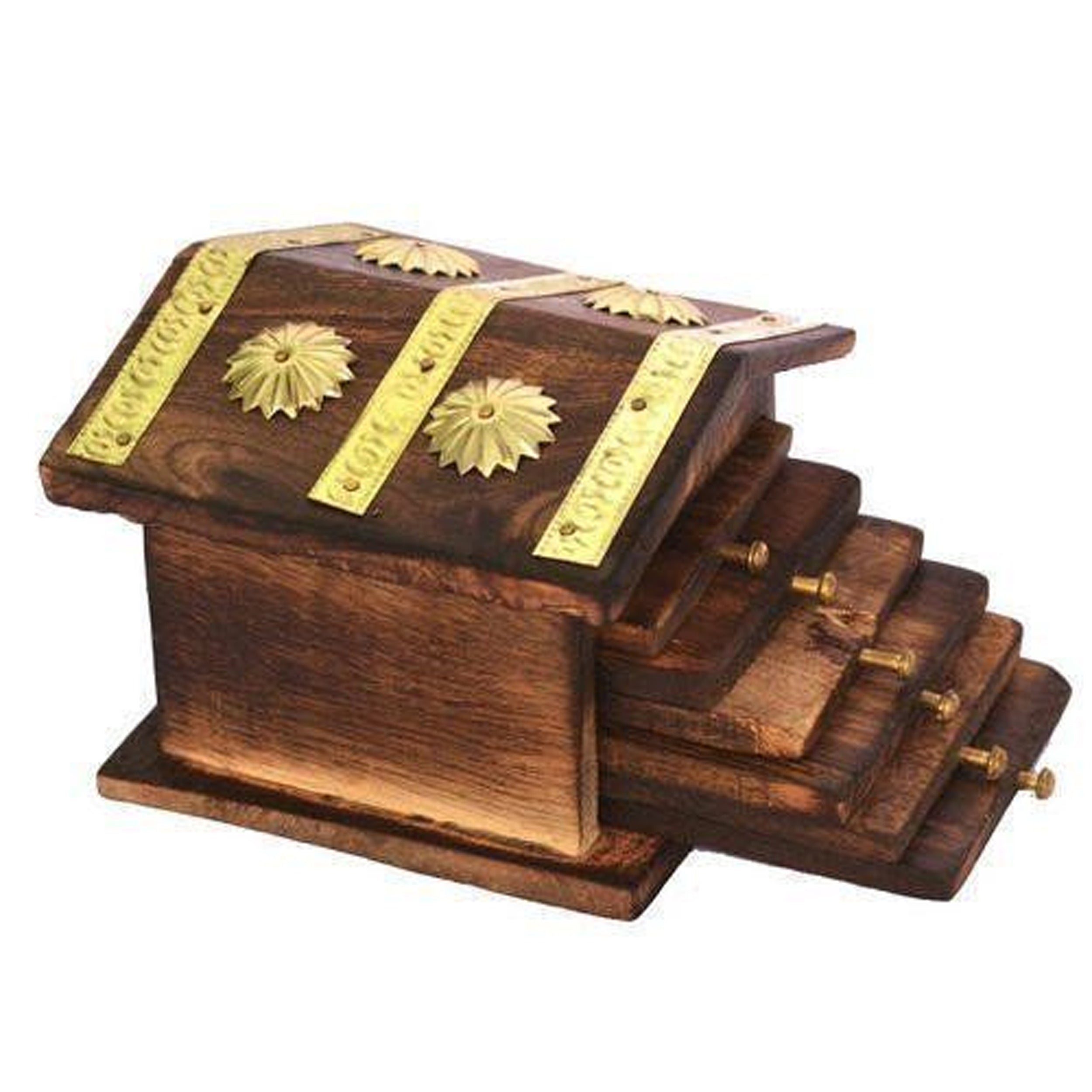 Brown Handcrafted Wooden Brass Antique Hut Style Tea & Coffee Coaster Set For Home Décor