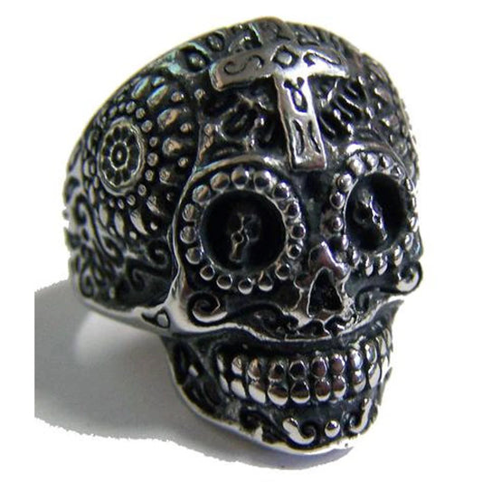 Sugar Skull Head with Cross Stainless Steel Biker Ring - Assorted Sizes