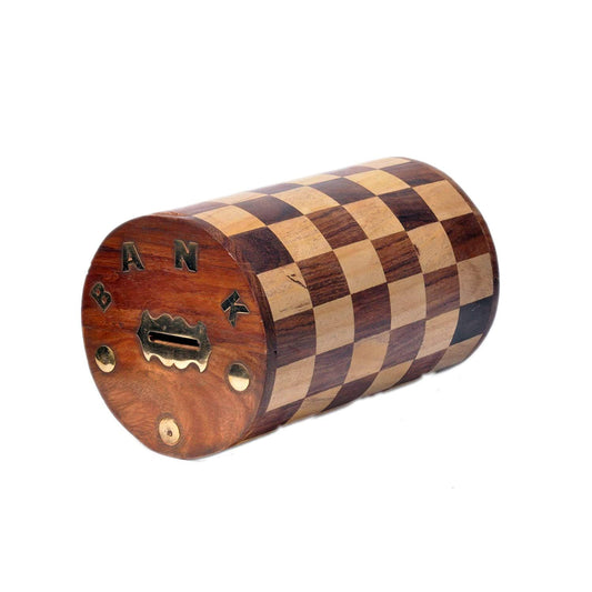 Wooden Handmade Chess Board Pattern Wooden Money Bank- 7 Inch