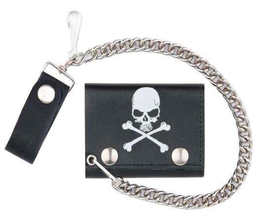 Wholesale Genuine Leather Skull and Crossbones Trifold Wallet with Chain (Sold by the piece)
