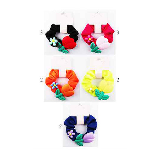 Wholesale Tulip Flower Accented Scrunchies Hair Bands (Sold by DZ)