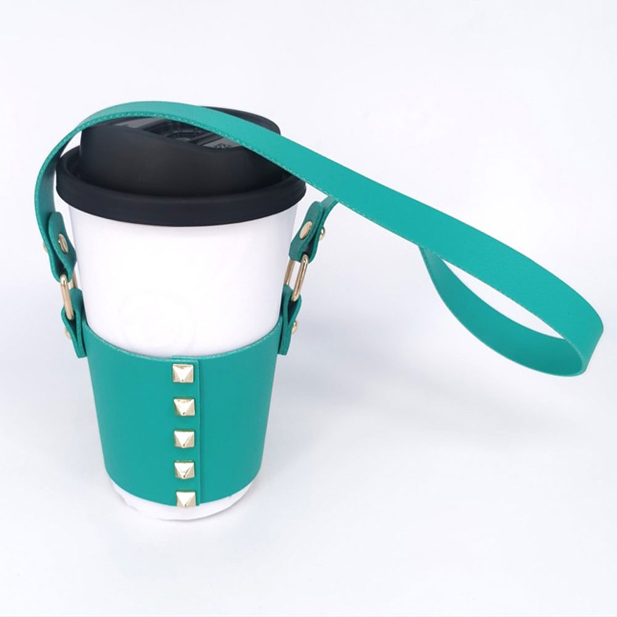 Studded Faux Leather Coffee Cup Sleeve With Strap