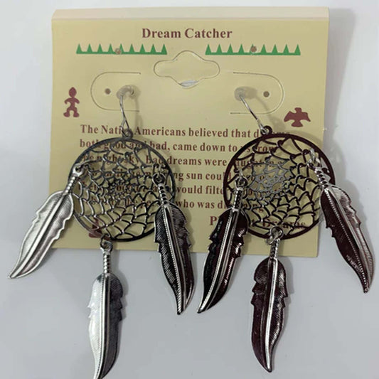Wholesale 3-Inch Metal Dream Catcher Silver Dangle Earrings with Feathers(SOLD BY THE PAIR)