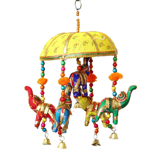 Multicolor Handcrafted Decorative Five Elephant Wall & Home Décor Hanging & Ringing Bell For Home Décor