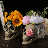 2808BA Skull Head Sculpture with Flower Halloween Decor Party Supply Skull Bone Table Decors Seasonal Decor Haunted House Layout Model