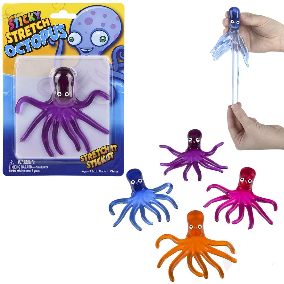 4.75" Stretch Sticky Octopus | Assorted (Dozen = $18.49)