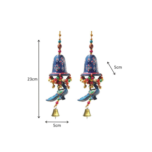 Door Hanging Blue Painted Bell with Jhalar Blue Peacock with Metal Bell Set of 2