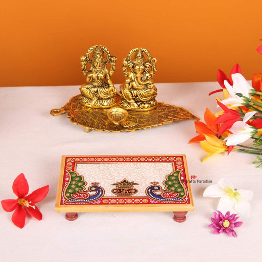 Peacock & Kalash Designed Rectangle Shape Marble Pooja Chowki