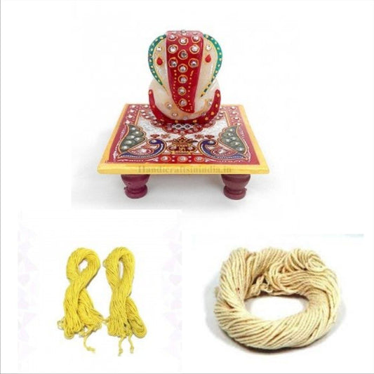 Combo of White Marble Ganesh Ji With  Choki and yellow & white Janeu Thread