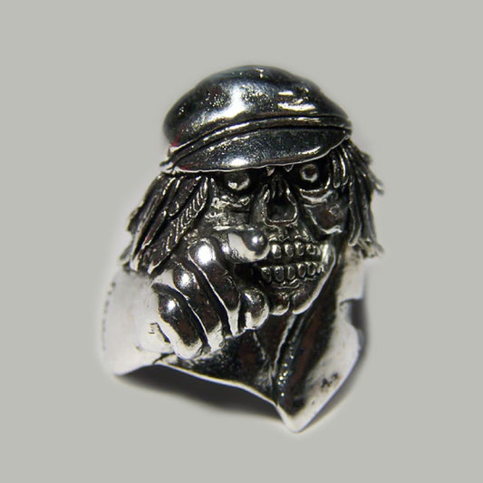 Wholesale Skeleton Pointing With Hat Designs Metal Biker Ring - Assorted Sizes