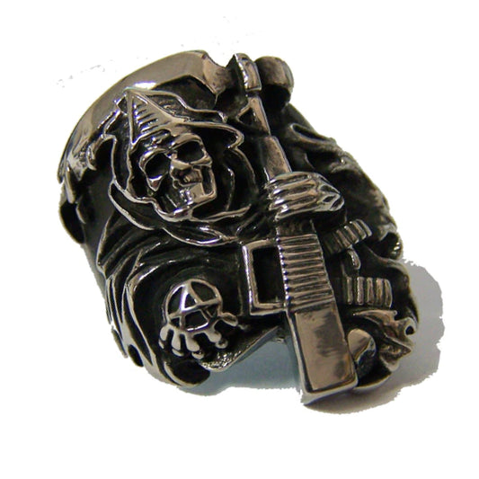 Wholesale Anarchy Grim Reaper With Machine Gun Unisex Assorted Size Biker Ring (Sold by 3 PCS)