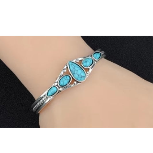 New Stylish Teardrop Turquoise Color Stone Silver Cuff Bracelet  (Sold By Piece)
