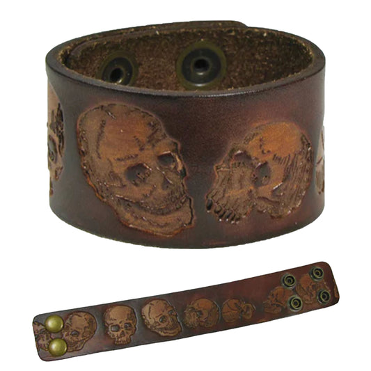 Wholesale Thick Engraved Skull Brown Leather Cuff Bracelet - Rustic & Edgy Style (Sold By Piece)