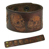 Wholesale Thick Engraved Skull Brown Leather Cuff Bracelet - Rustic & Edgy Style