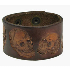 Wholesale Thick Engraved Skull Brown Leather Cuff Bracelet - Rustic & Edgy Style (Sold By Piece)