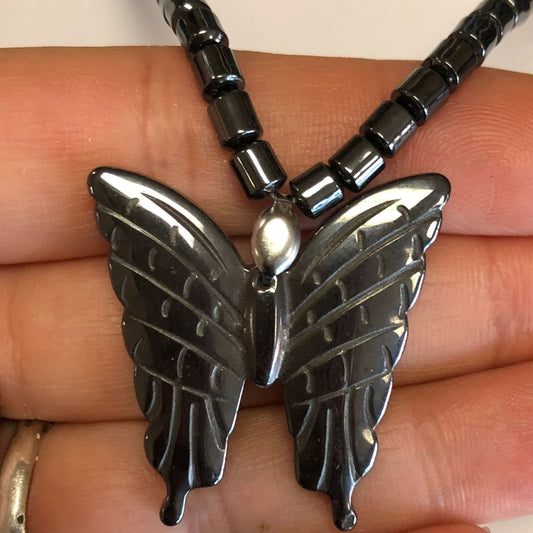 Wholesale New Design Butterfly Shape Carved Black Hematite Stone Necklace with Pendant (Sold By Piece)