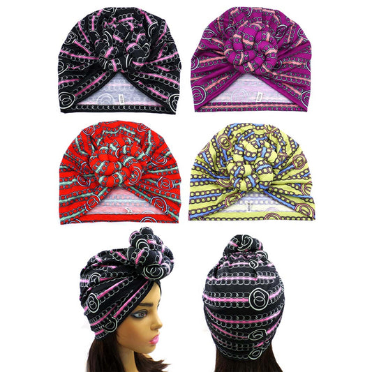 Chain Printed Turban Hats To Elevate Your Headwear Assorted Colors - MOQ 12