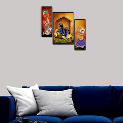 Digital Painting for Living Room Set of 3pcs, Rajasthani Village Scene