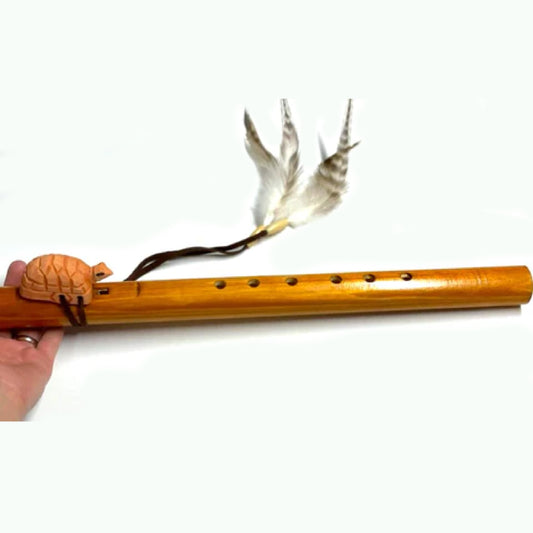 Wholesale Handmade 18" Long Wooden Turtle Flute With Feathers (MOQ-6)