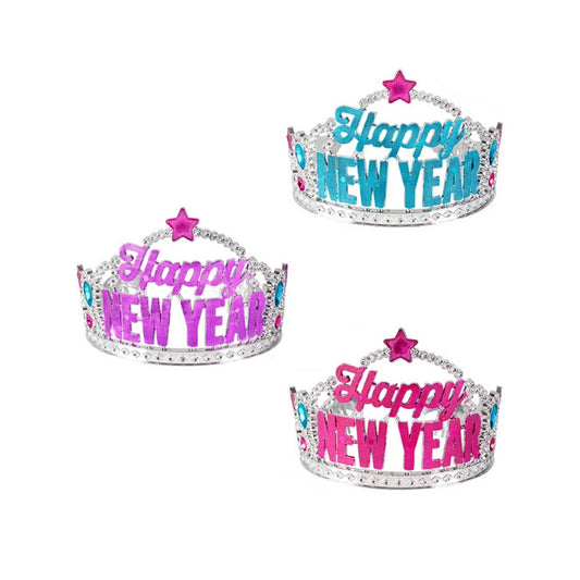 Wholesale Happy New Year Printed Princess Tiara Stone Beaded Crown (Sold by DZ)