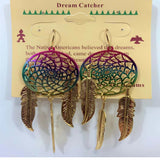 Wholesale 3-Inch Metal Dream Catcher Rainbow Dangle Earrings with Gold Feathers (SOLD BY THE PAIR)