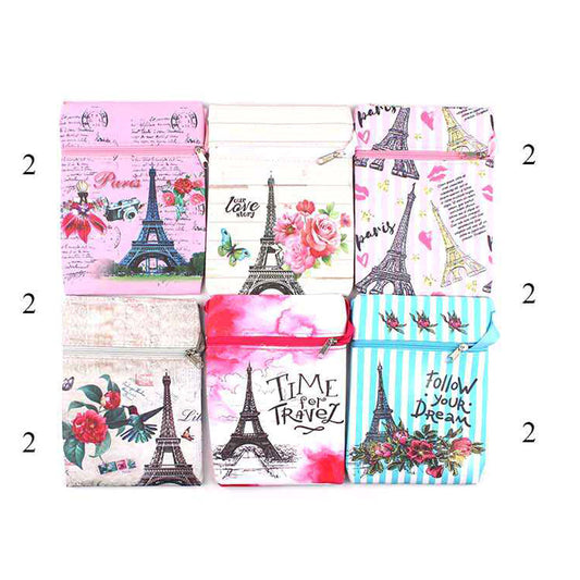 Eiffel Tower Flower Printed Crossbody Bags (Sold By Dozen=$23.88)