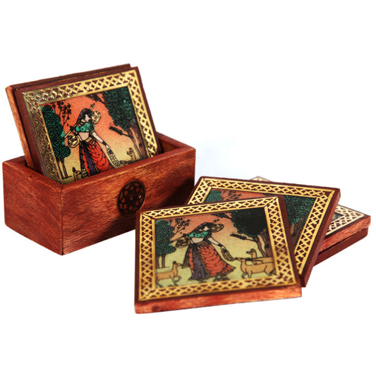 Wholesale Wooden Handicrafts Tea Coaster Set With Ragini Print (MOQ-10)