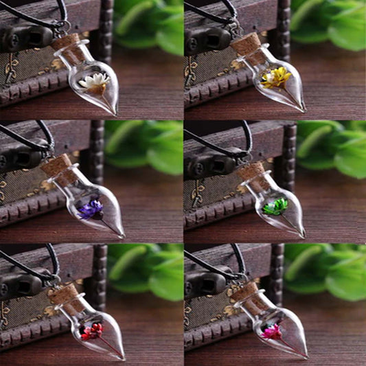 Wholesale Real Dried Flower Clear Mini Glass Bottle Vial Cork Necklace Brown Cord, Adjustable Length (sold by 6 pack or dozen)
