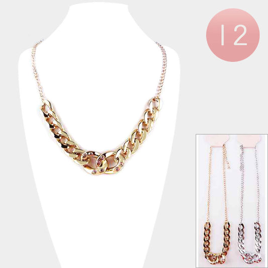 Rhinestone Embellished Metal Chain Link Necklaces Assorted Colors (MOQ-12)