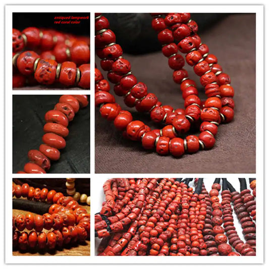 Sherpa Glass Beads Coral Red Antiqued Lampwork Beaded Necklaces2024 New Arrival Tibetan Jewelry TNL190