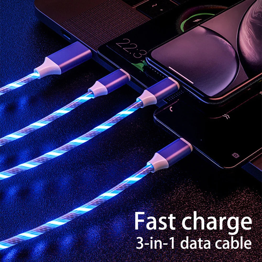 3 in 1 Cable USB Type C Cable Glow Flowing 1.2M Cord LED Lighting ...